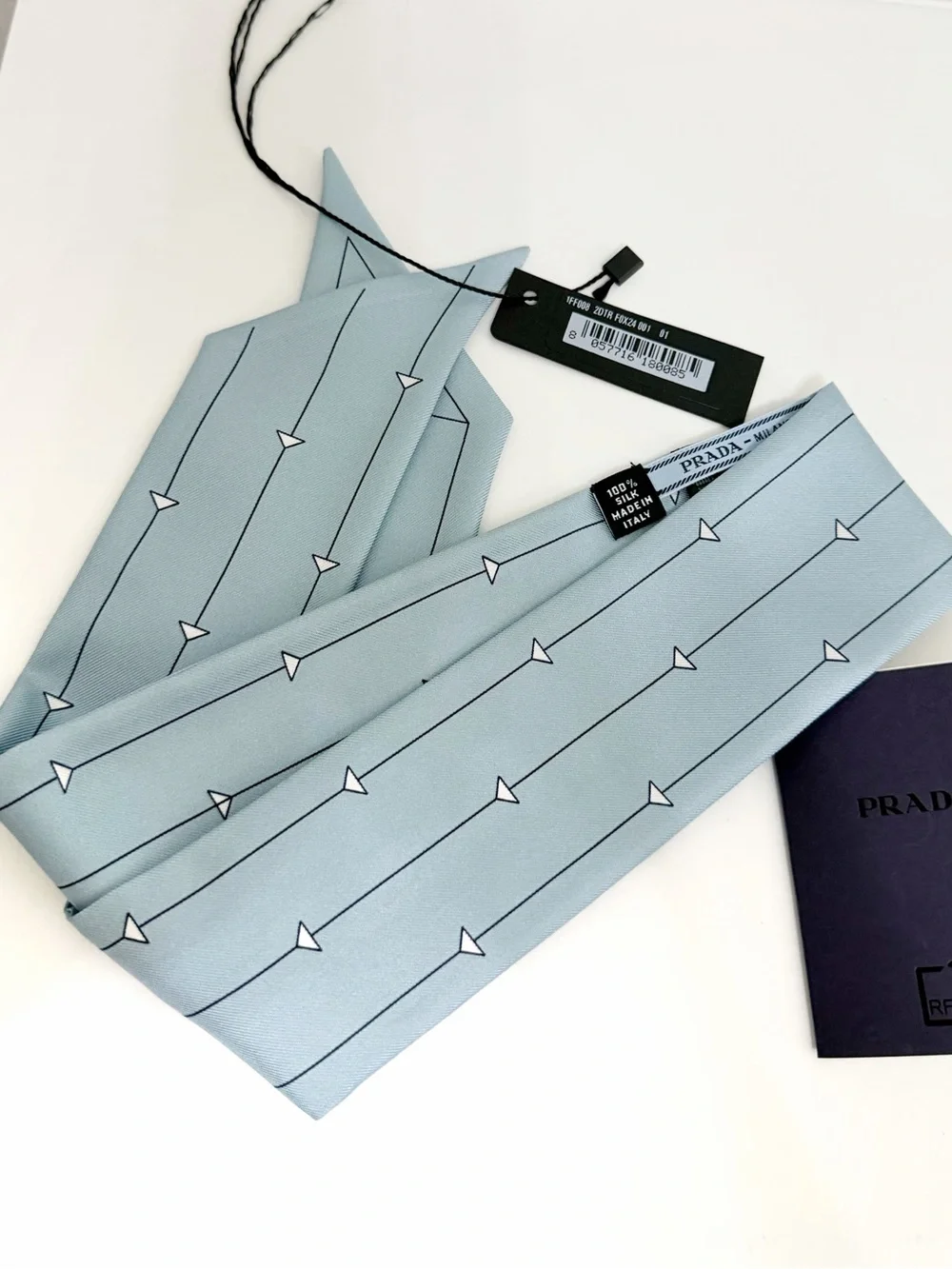 Prada Pale Blue Silk Twilly with Arrow Stripe